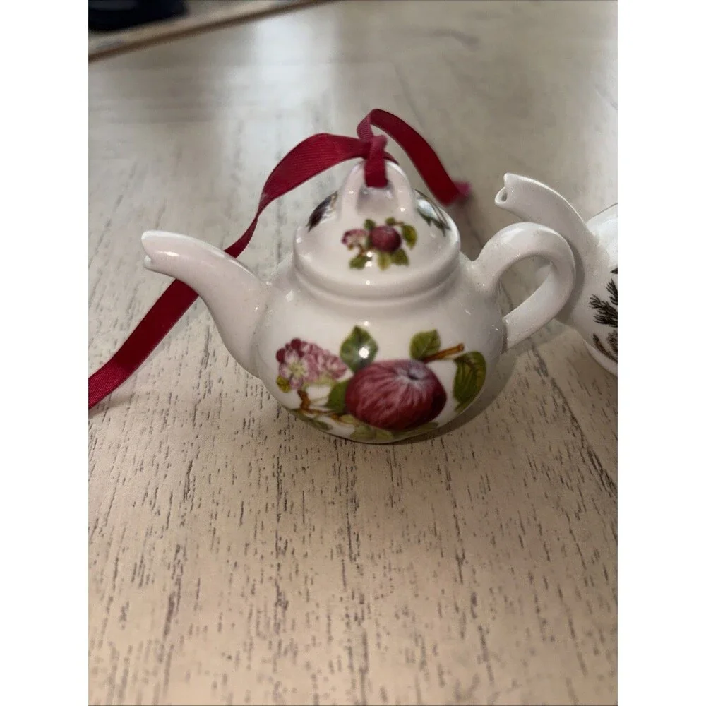 3 Portmeirion Pomona Mini Teapot Ornaments Morning Apple & Dog Rose, Ivy/Holly